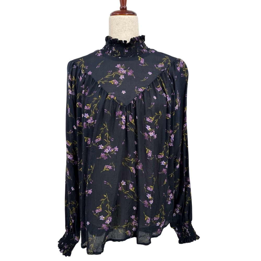 William Rast Peasant Blouse Ruffle Button Mock Neck Purple Floral Size XLarge
